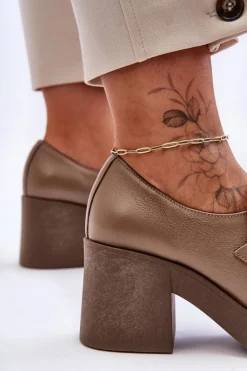 Skórzane Półbuty Na Słupku Z Ozdobą Ciemnobeżowe Lemar Gelanor