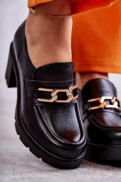 Skórzane Półbuty Na Słupku Ze Złotą Ozdobą Czarne Lemar Mikeyla