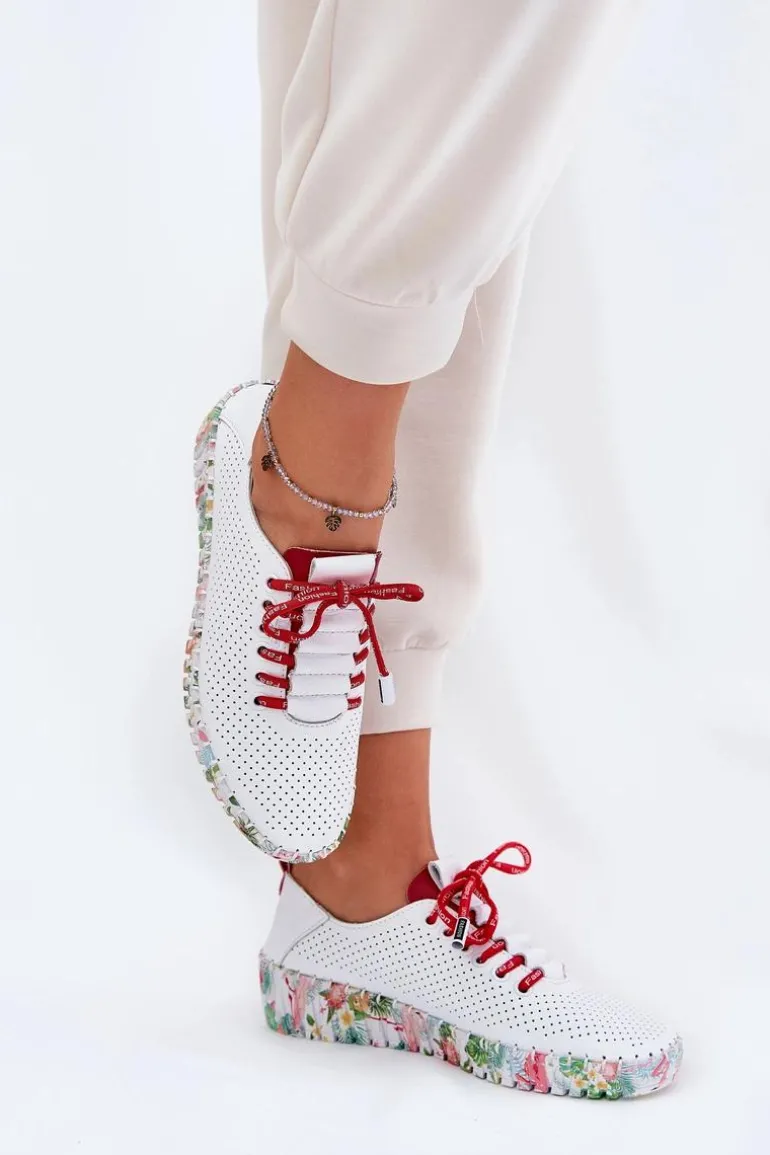 Skórzane Półbuty Na Wzorzystej Platformie Artiker 54C1567 Biało-Czerwone