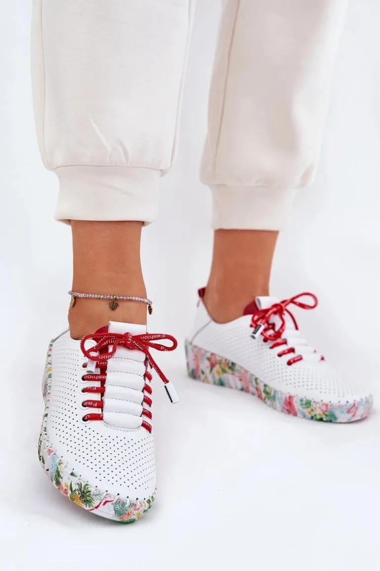 Skórzane Półbuty Na Wzorzystej Platformie Artiker 54C1567 Biało-Czerwone