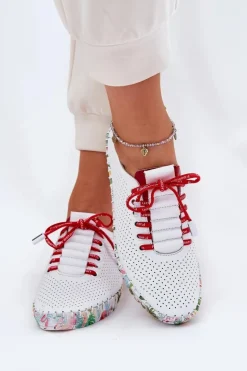 Skórzane Półbuty Na Wzorzystej Platformie Artiker 54C1567 Biało-Czerwone