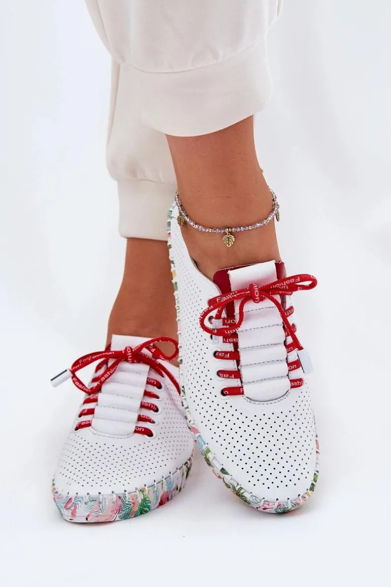 Skórzane Półbuty Na Wzorzystej Platformie Artiker 54C1567 Biało-Czerwone