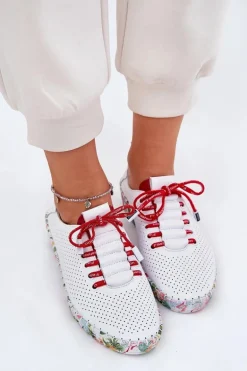 Skórzane Półbuty Na Wzorzystej Platformie Artiker 54C1567 Biało-Czerwone