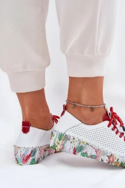 Skórzane Półbuty Na Wzorzystej Platformie Artiker 54C1567 Biało-Czerwone