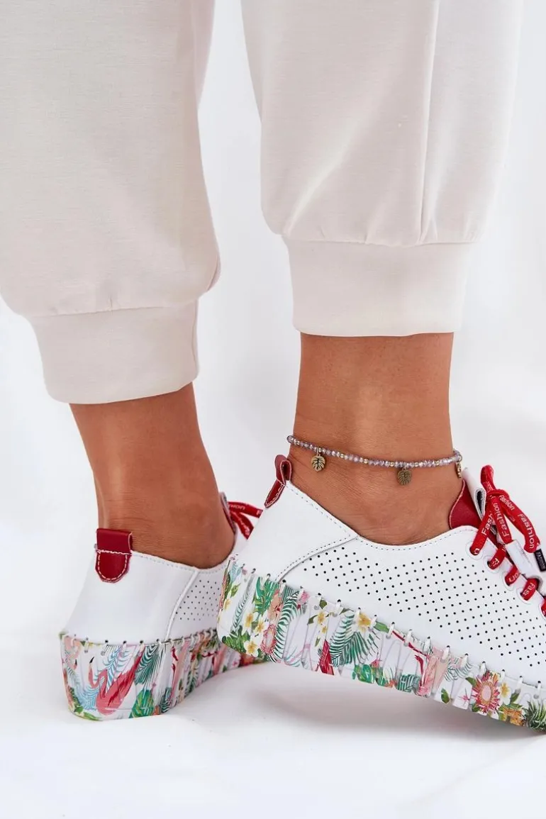 Skórzane Półbuty Na Wzorzystej Platformie Artiker 54C1567 Biało-Czerwone