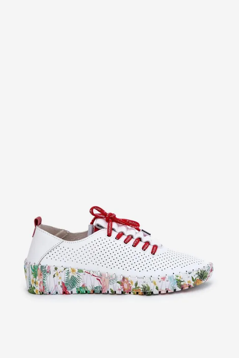 Skórzane Półbuty Na Wzorzystej Platformie Artiker 54C1567 Biało-Czerwone