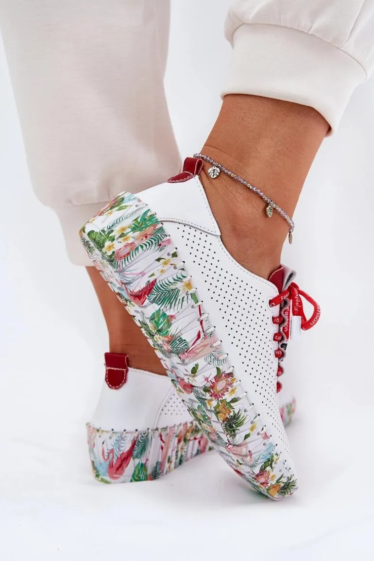 Skórzane Półbuty Na Wzorzystej Platformie Artiker 54C1567 Biało-Czerwone