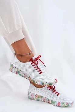 Skórzane Półbuty Na Wzorzystej Platformie Artiker 54C1567 Biało-Czerwone