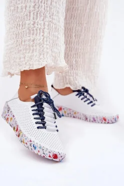 Skórzane Półbuty Na Wzorzystej Platformie Artiker 52C1713 Biało-Granatowe