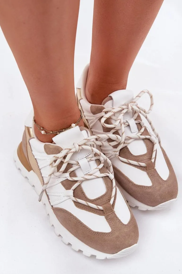 Skórzane Półbuty Sneakersy Damskie Artiker 56C1738 Beżowo-Złote
