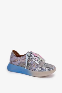Skórzane Półbuty Sneakersy Damskie Na Platformie Maciejka 06776A-06 Niebieskie
