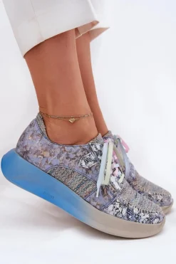 Skórzane Półbuty Sneakersy Damskie Na Platformie Maciejka 06776A-06 Niebieskie