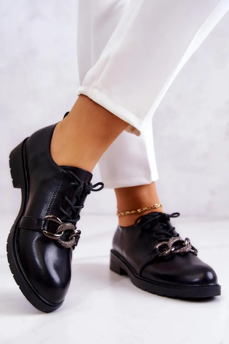 Skórzane Półbuty Wiązane Z Ozdobą Czarne Larosa