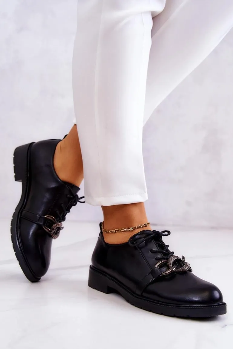 Skórzane Półbuty Wiązane Z Ozdobą Czarne Larosa