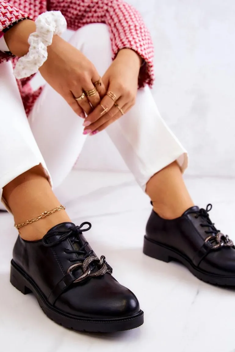 Skórzane Półbuty Wiązane Z Ozdobą Czarne Larosa