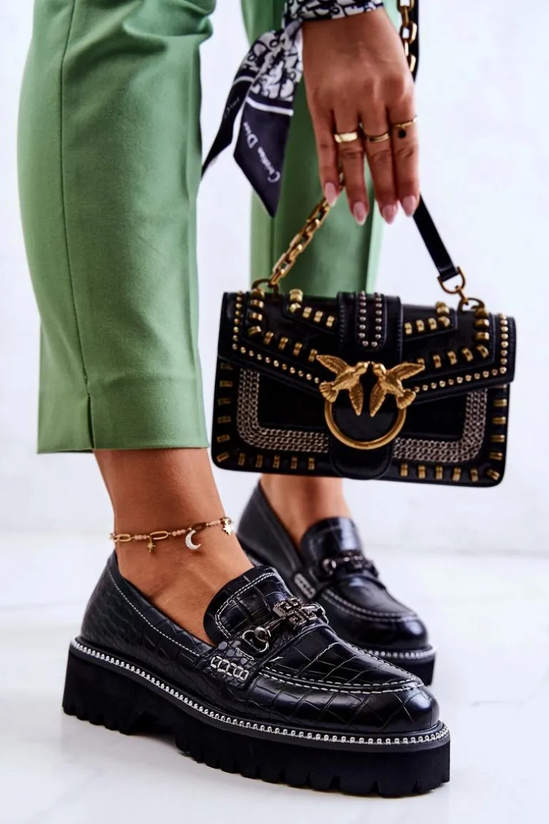 Skórzane Półbuty Wężowe Z Ozdobą Czarne Adison