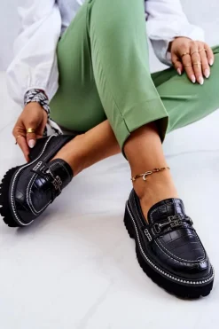 Skórzane Półbuty Wężowe Z Ozdobą Czarne Adison