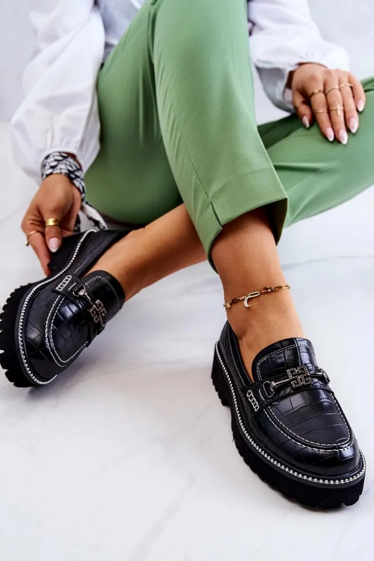 Skórzane Półbuty Wężowe Z Ozdobą Czarne Adison