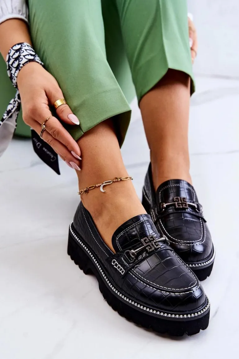 Skórzane Półbuty Wężowe Z Ozdobą Czarne Adison