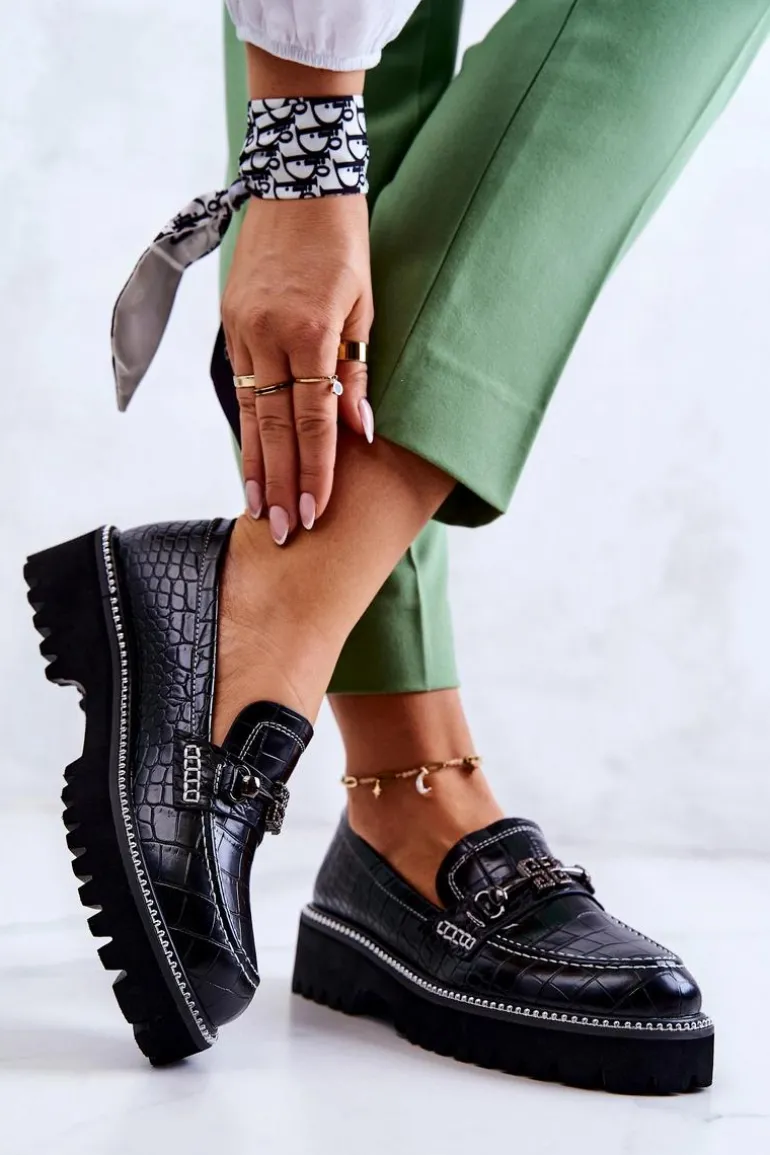 Skórzane Półbuty Wężowe Z Ozdobą Czarne Adison