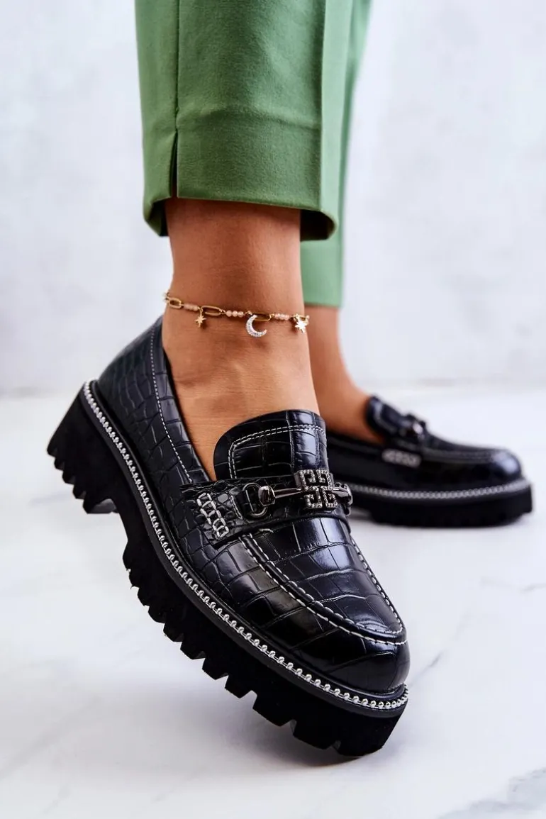 Skórzane Półbuty Wężowe Z Ozdobą Czarne Adison