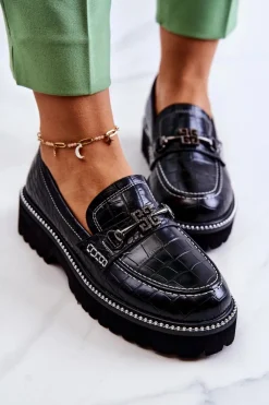 Skórzane Półbuty Wężowe Z Ozdobą Czarne Adison