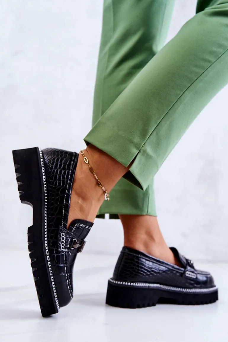 Skórzane Półbuty Wężowe Z Ozdobą Czarne Adison