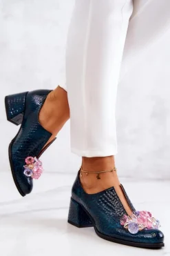 Skórzane Półbuty Wzór Krokodyl Z Ozdobą Zielone Delaver