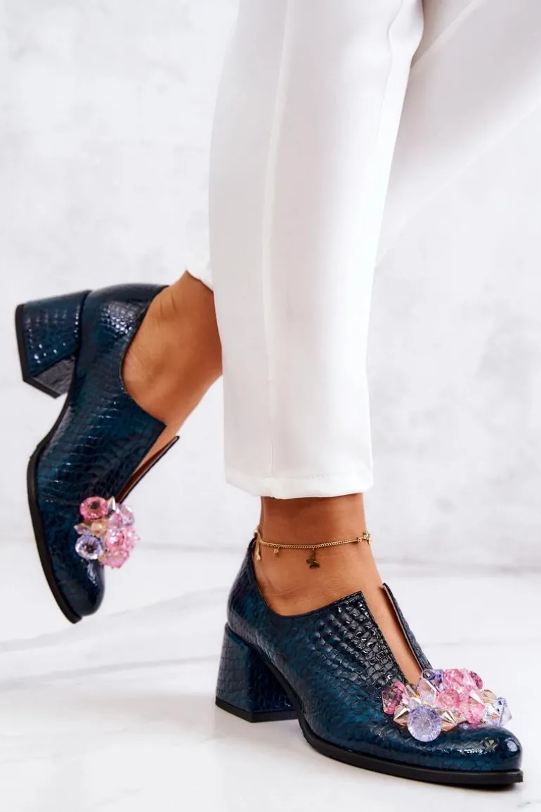 Skórzane Półbuty Wzór Krokodyl Z Ozdobą Zielone Delaver