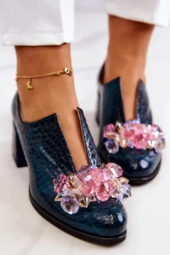 Skórzane Półbuty Wzór Krokodyl Z Ozdobą Zielone Delaver