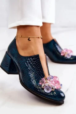 Skórzane Półbuty Wzór Krokodyl Z Ozdobą Zielone Delaver