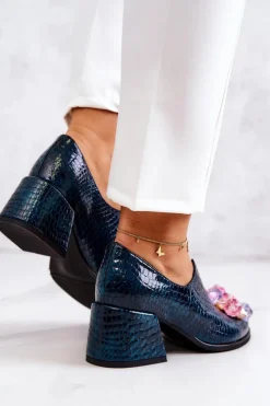 Skórzane Półbuty Wzór Krokodyl Z Ozdobą Zielone Delaver