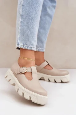 Skórzane Półbuty Z Klamrą Zazoo 20183 Beżowe