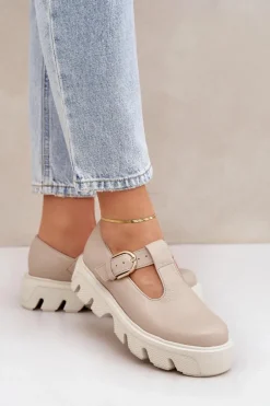 Skórzane Półbuty Z Klamrą Zazoo 20183 Beżowe