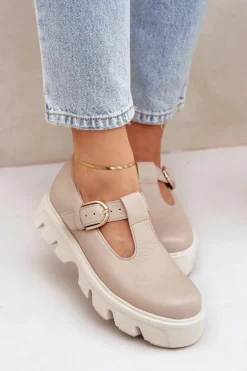 Skórzane Półbuty Z Klamrą Zazoo 20183 Beżowe