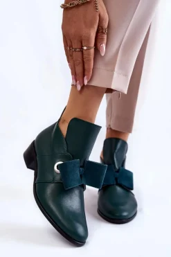 Skórzane Półbuty Z Zamszową Kokardką Zielone Thalia