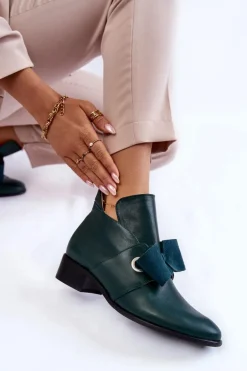 Skórzane Półbuty Z Zamszową Kokardką Zielone Thalia