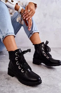 Skórzane Pikowane Botki Z Ociepleniem Czarne Torino