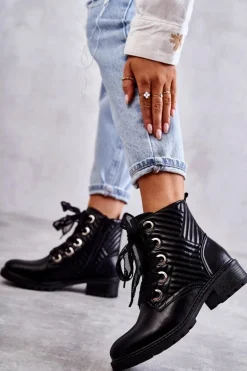 Skórzane Pikowane Botki Z Ociepleniem Czarne Torino