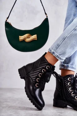 Skórzane Pikowane Botki Z Ociepleniem Czarne Torino