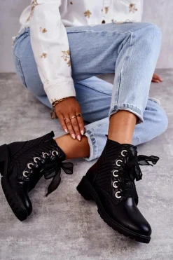 Skórzane Pikowane Botki Z Ociepleniem Czarne Torino