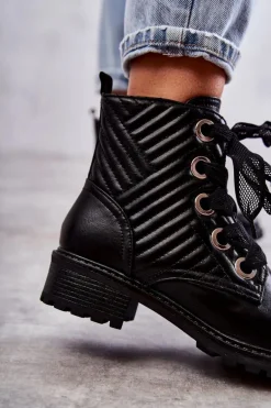 Skórzane Pikowane Botki Z Ociepleniem Czarne Torino