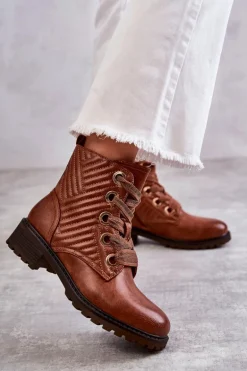 Skórzane Pikowane Botki Z Ociepleniem Brązowe Torino