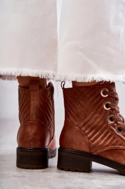 Skórzane Pikowane Botki Z Ociepleniem Brązowe Torino