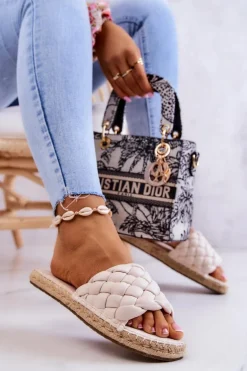 Skórzane Plecione Klapki Big Star JJ274922 Beżowe