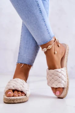 Skórzane Plecione Klapki Big Star JJ274922 Beżowe