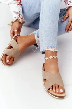 Skórzane Profilowane Klapki Big Star HH274593 Beżowe