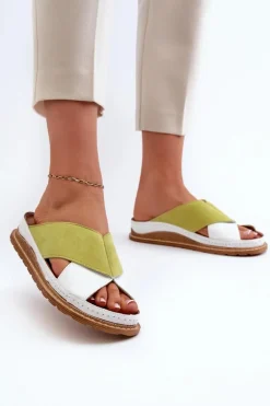 Skórzane Profilowane Klapki Maciejka 04986-11 Limonkowe