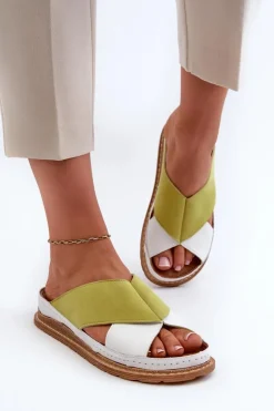 Skórzane Profilowane Klapki Maciejka 04986-11 Limonkowe