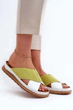 Skórzane Profilowane Klapki Maciejka 04986-11 Limonkowe